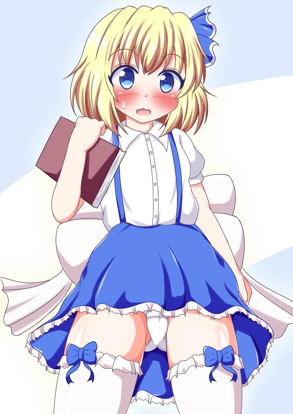 1girl, alice_margatroid, alice_margatroid_(pc-98), blonde_hair, blue_eyes, blush, book, bow, hair_bow, highres, panties, pantyshot, pantyshot_(standing), solo, standing, sweatdrop, touhou, underwear, wavy_mouth, white_legwear, white_panties, yakumo_nanahara