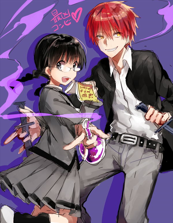 1boy, 1girl, akabane_karma, akizuki_buranko, ansatsu_kyoushitsu, black_hair, glasses, long_hair