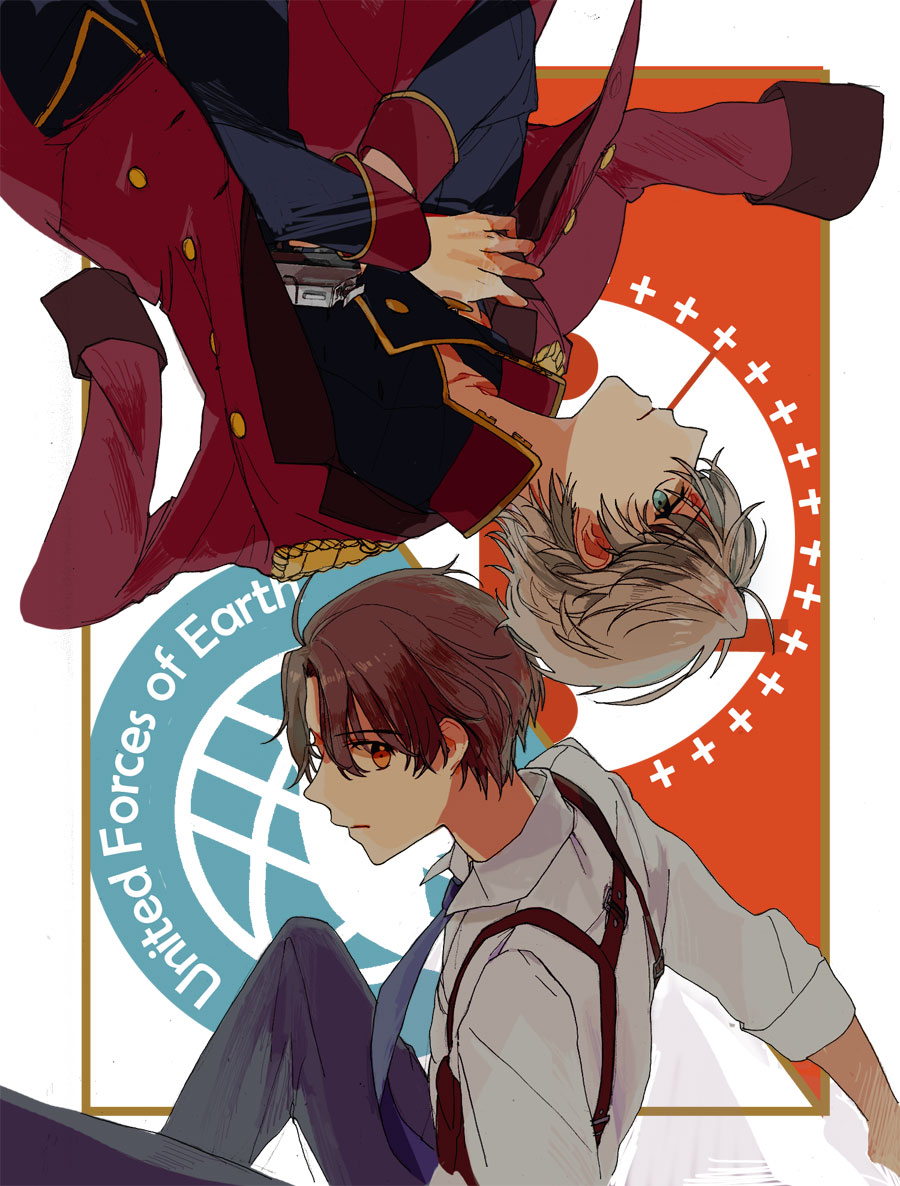 2boys, aldnoah.zero, blue_eyes, brown_eyes, brown_hair, epaulettes, gun, holster, jacket_on_shoulders, jin_(rewind00), kaizuka_inaho, male_focus, multiple_boys, necktie, short_hair, silver_hair, slaine_troyard, upside-down, weapon