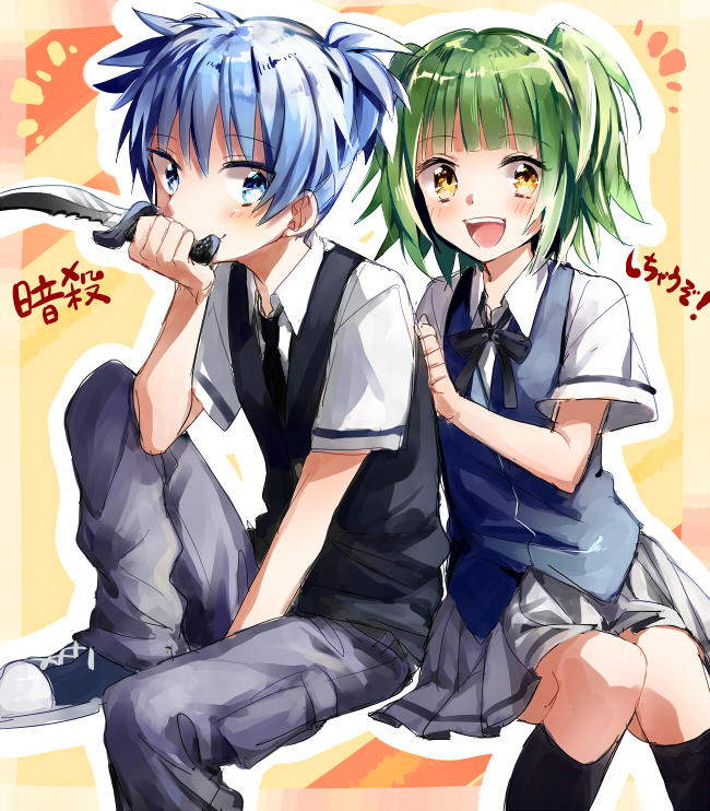 1boy, 1girl, akizuki_buranko, ansatsu_kyoushitsu, blue_eyes, blue_hair, green_hair, kayano_kaede