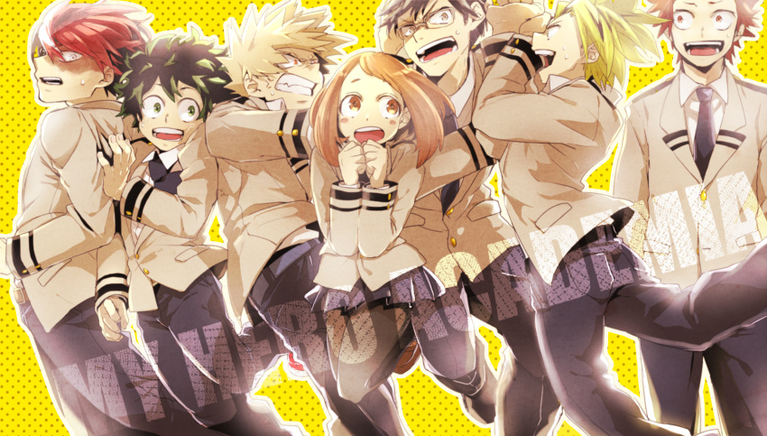 1girl, 6+boys, bakugou_katsuki, black_hair, boku_no_hero_academia, brown_eyes, brown_hair, glasses