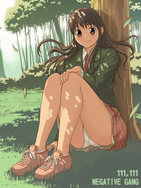 brown_eyes, brown_hair, forest, konjiki_no_gash!!, long_hair, nature, oumi_megumi, panties, pantyshot, shade, underwear, wind