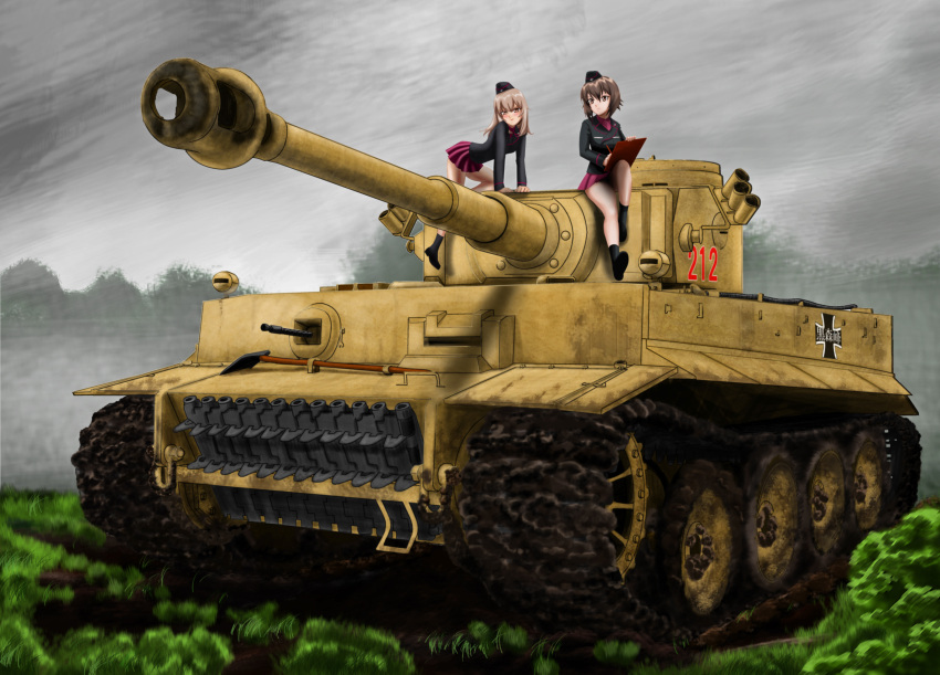 2girls, absurdres, blush, brown_eyes, brown_hair, caterpillar_tracks, clipboard, clouds
