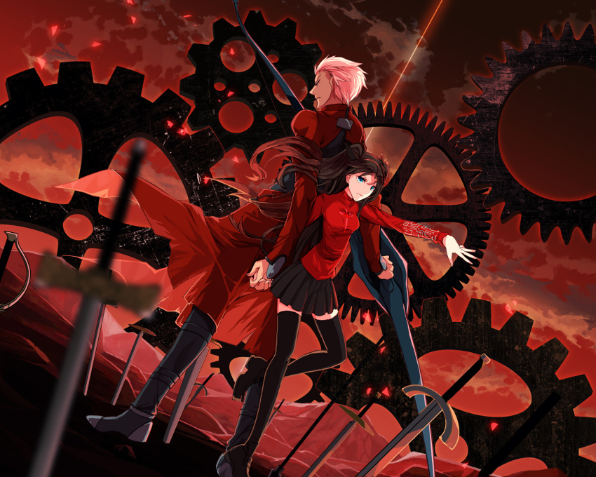 1boy, archer, black_hair, black_legwear, blue_eyes, bow_(weapon), fate/stay_night, fate_(series)