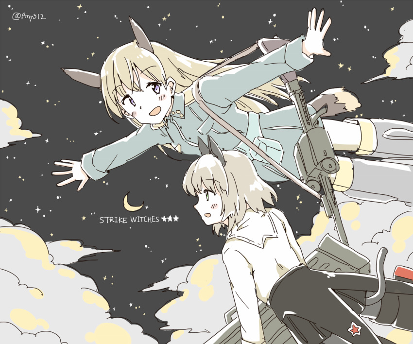 2girls, animal_ears, any_(lucky_denver_mint), black_legwear, blonde_hair, blush, cat_ears, cat_tail