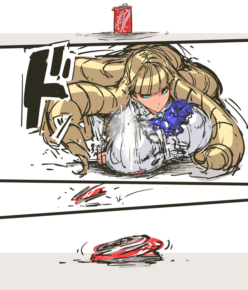 1girl, 4koma, aqua_eyes, blonde_hair, breasts, coca-cola, comic, crushing