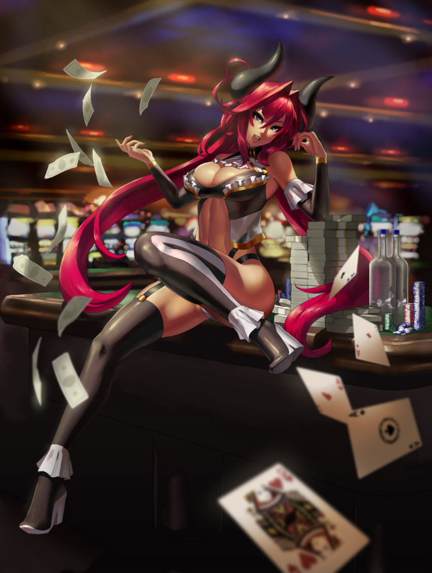 1girl, blue_eyes, boots, breasts, card, casino, crossed_legs, detached_sleeves