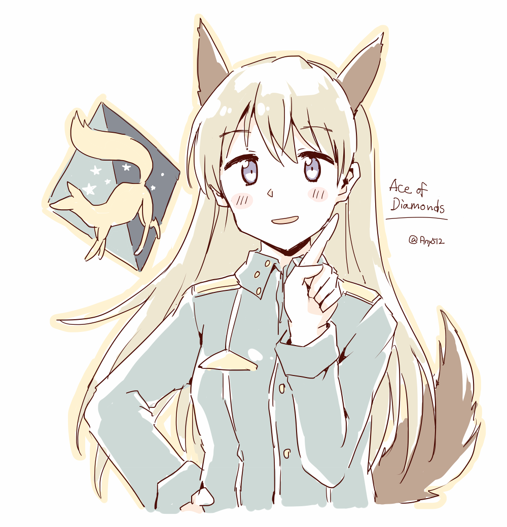 1girl, animal_ears, any_(lucky_denver_mint), blonde_hair, blush, eila_ilmatar_juutilainen, fox, fox_ears