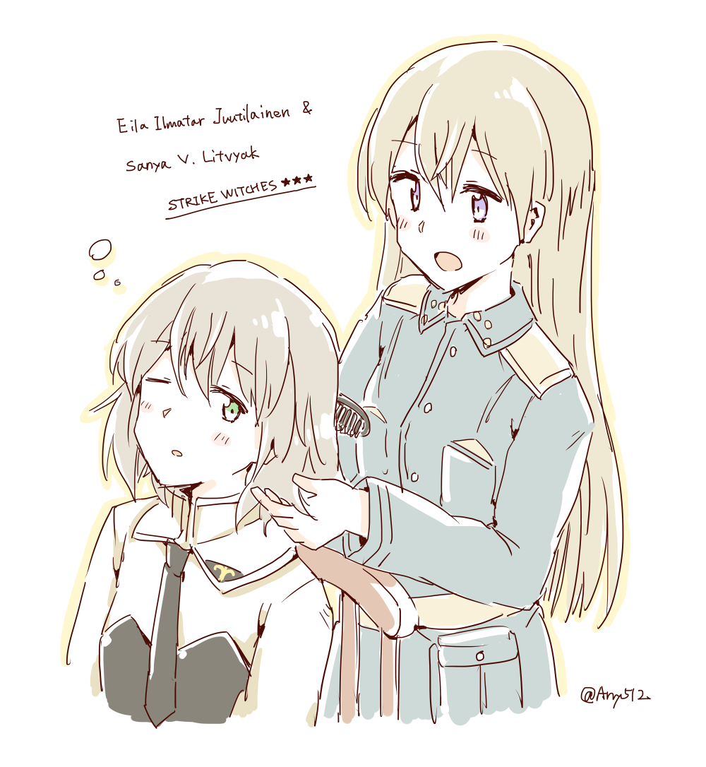 2girls, any_(lucky_denver_mint), blonde_hair, blush, character_name, comb, copyright_name, eila_ilmatar_juutilainen