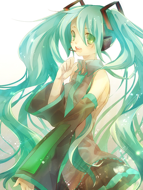 bad_id, detached_sleeves, green_eyes, hatsune_miku, headphones, headset, long_hair, necktie