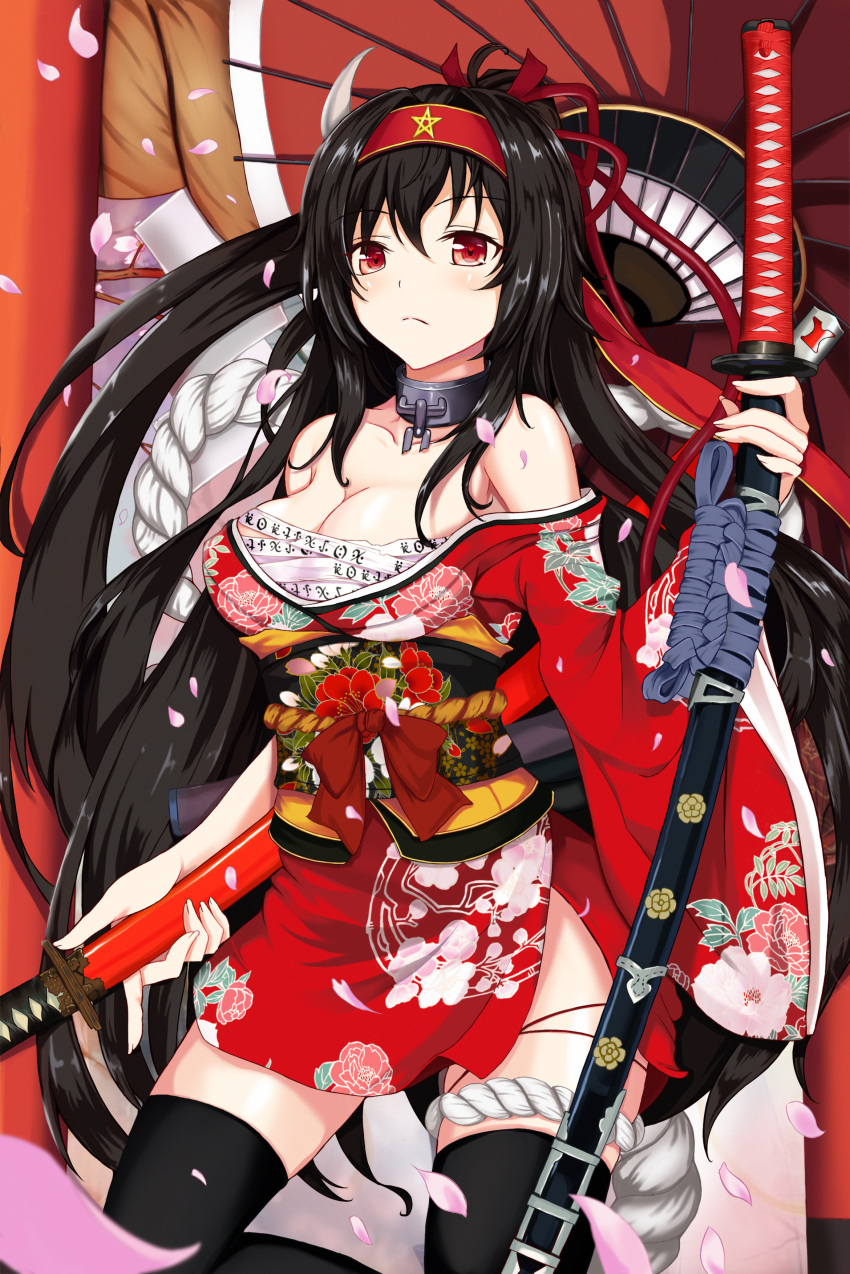 1girl, absurdres, breasts, chain_chronicle, cleavage, highres, horns, japanese_clothes