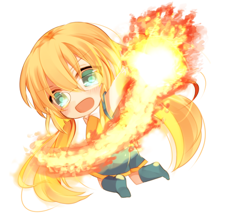 1boy, blonde_hair, blush, chibi, flame, from_behind, glasses, green_eyes