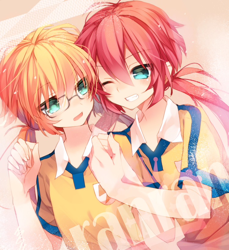 2boys, blonde_hair, dual_persona, dutch_angle, glasses, grin, inazuma_eleven_(series), inazuma_eleven_go