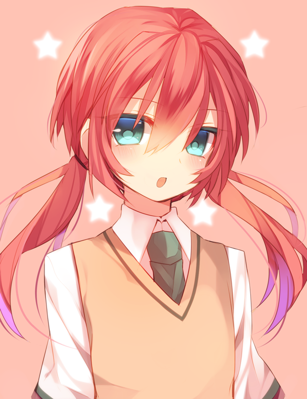1boy, bust, green_eyes, inazuma_eleven_(series), inazuma_eleven_go, kirino_ranmaru, long_hair, looking_at_viewer, male_focus, necktie, nekoto_maruta, open_mouth, pink_hair, simple_background, solo, star, sweater_vest, twintails