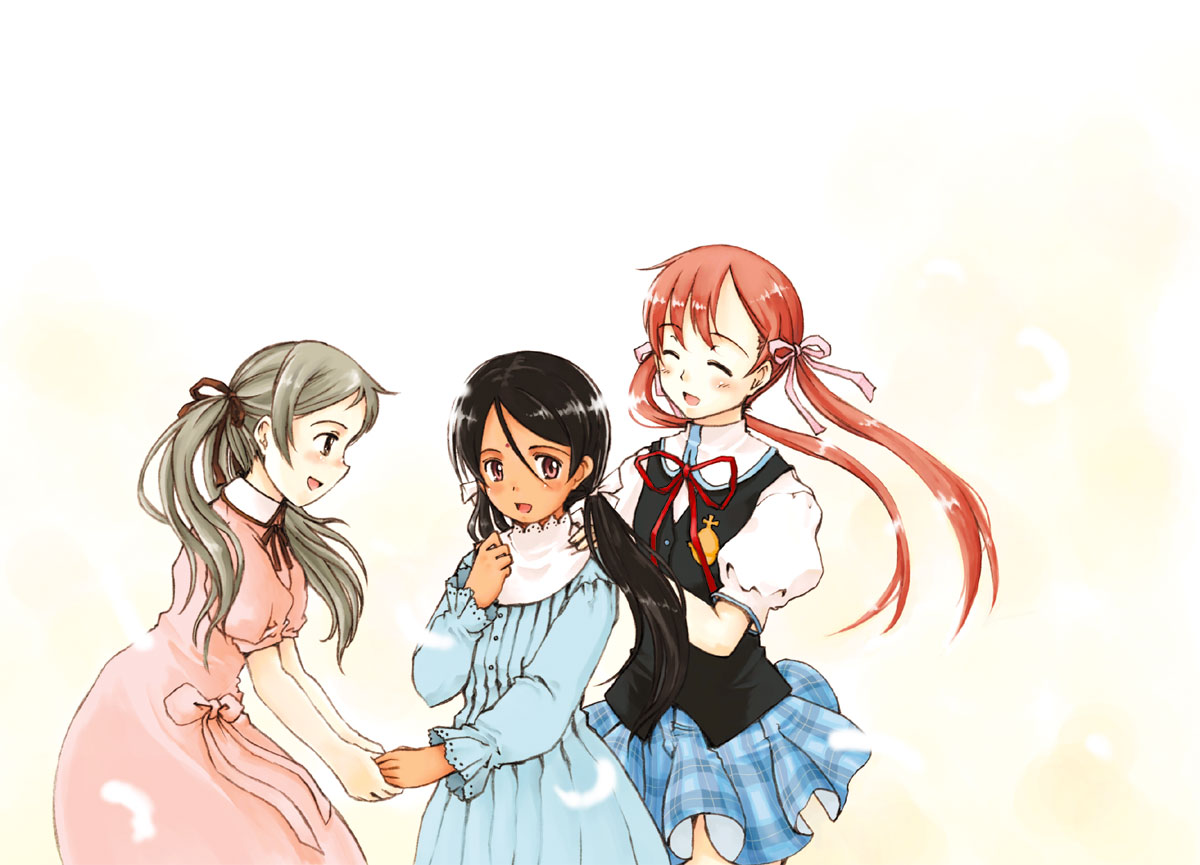 closed_eyes, crossover, dress, episode_of_the_clovers, hair_ribbon, hand_holding, holding_hands, kaya_xavier