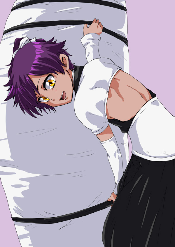 1boy, arm_warmers, bleach, hair_ribbon, lavender_background, long_hair, open_mouth, ponytail