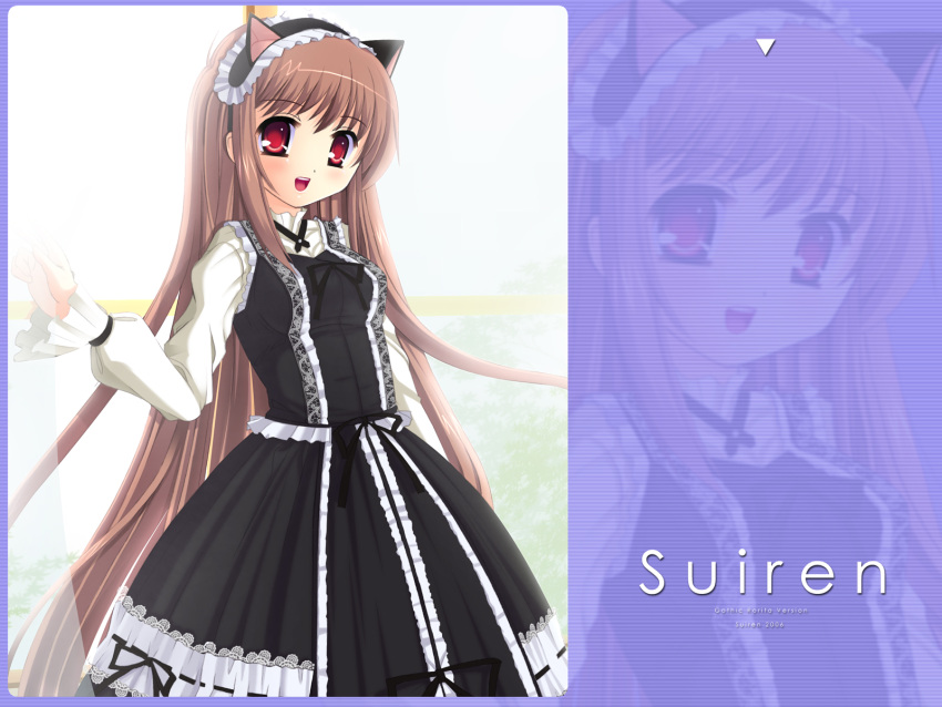 blush, bow, brown_hair, cat_ears, dress, gothic, gothic_lolita, highres