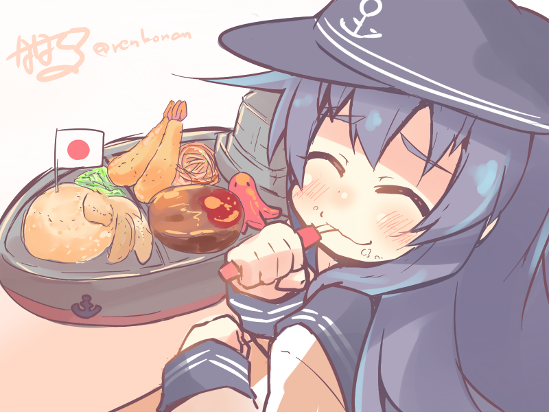 1girl, akatsuki_(kantai_collection), anchor_symbol, black_hair, closed_eyes, food, hat, kantai_collection