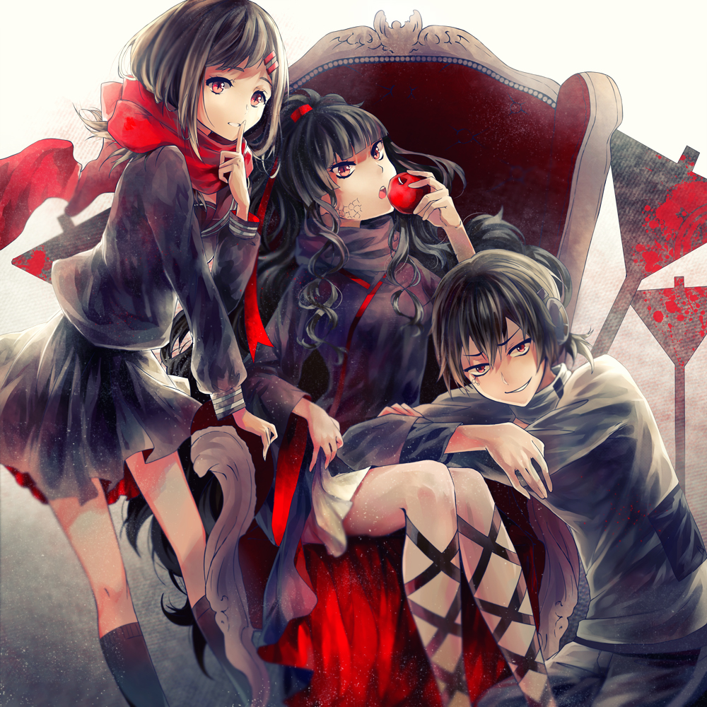 1boy, 2girls, apple, azami_(kagerou_project), black_hair, dark_konoha, food, fruit