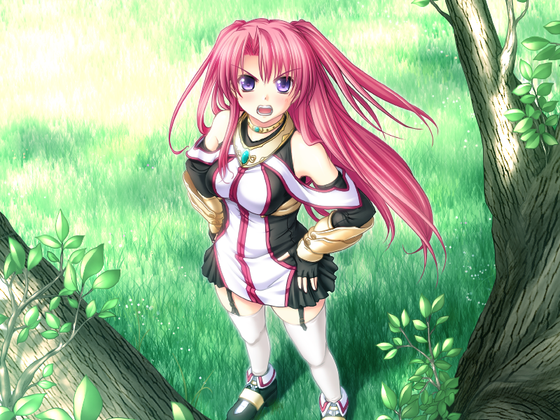 grass, kannatsuki_noboru, long_hair, maou_to_odore!_ii, marie_grenoble, outdoors, purple_eyes, red_hair