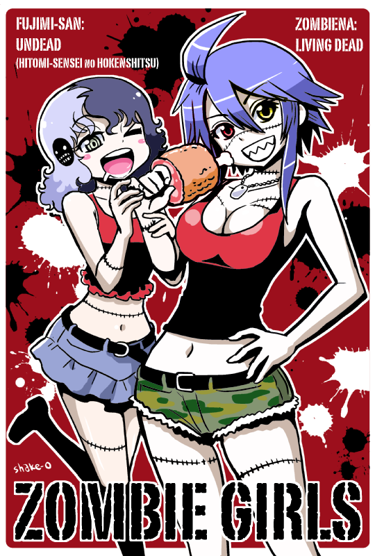 2girls, ahoge, artist_name, blue_hair, boned_meat, breasts, character_name, cleavage