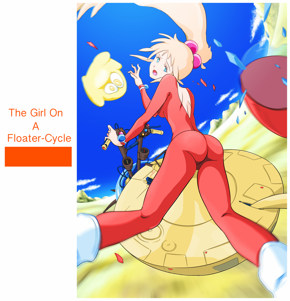 1girl, 80s, aqua_eyes, ass, birth_(oav), blonde_hair, bodysuit, creature, hair_bobbles, hair_ornament, hover_bike, long_hair, looking_back, motion_blur, oldschool, open_mouth, ponytail, rasa_jupiter, waeba_yuusee