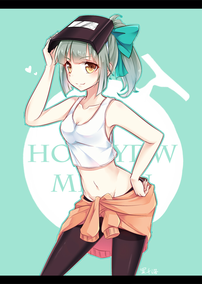 1girl, bow, clothes_around_waist, green_hair, hair_bow, kantai_collection, long_hair, meisenraku