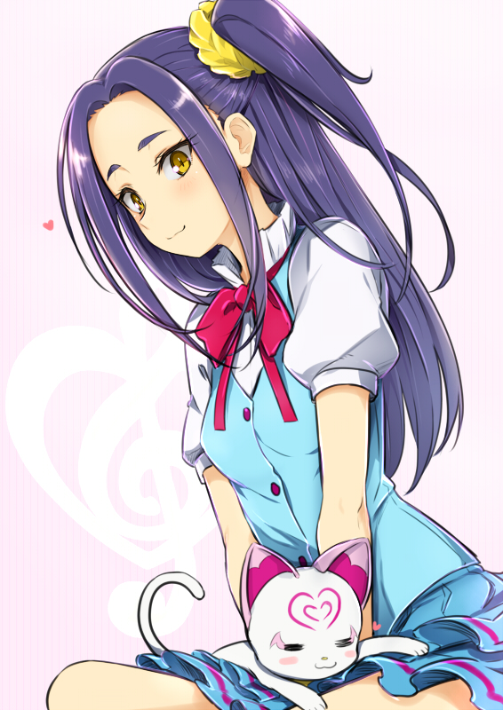 1girl, cat, hummy_(suite_precure), kurokawa_eren, long_hair, minatsuki_randoseru, precure, purple_hair