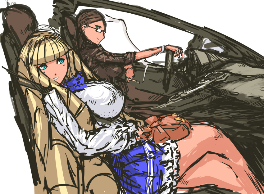 2girls, aqua_eyes, bag, bangs, blunt_bangs, bracelet, breasts, brown_hair