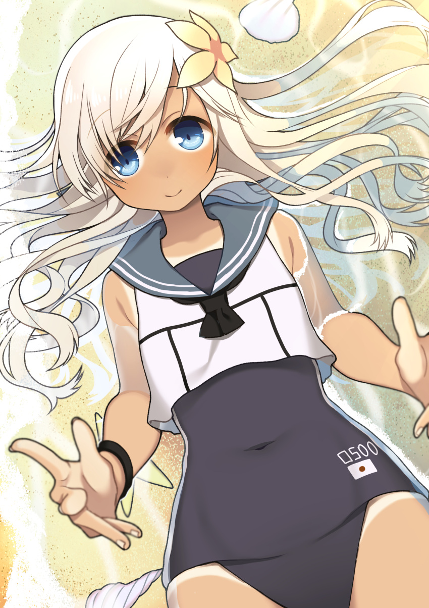 1girl, absurdres, alara, beach, blonde_hair, blue_eyes, bracelet, clothes_writing, covered_navel, crop_top, flower, hair_flower, hair_ornament, highres, japanese_flag, jewelry, kantai_collection, long_hair, looking_at_viewer, lying, on_back, one-piece_tan, partially_submerged, platinum_blonde, ro-500_(kantai_collection), sand, school_swimsuit, school_uniform, seashell, serafuku, shell, smile, solo, swimsuit, tan, tanline, u-511_(kantai_collection), water