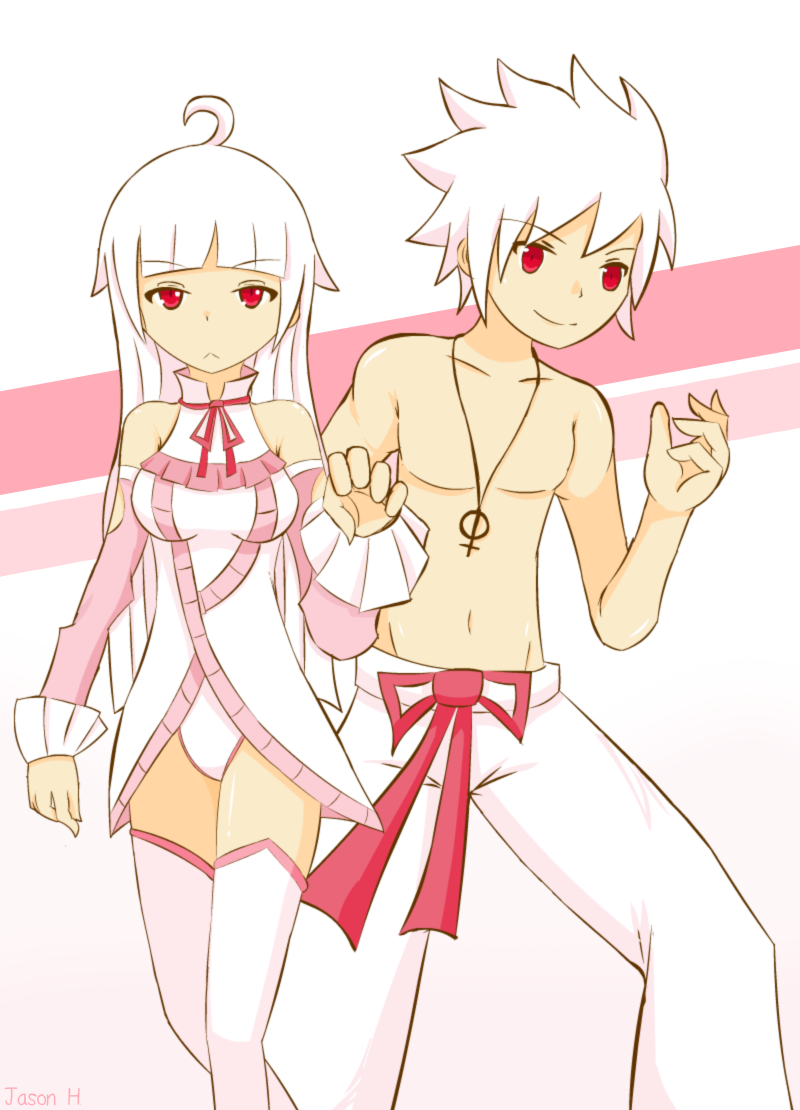 1boy, 1girl, dress, original, red_eyes, rong_rong, thigh-highs, topless, white_hair
