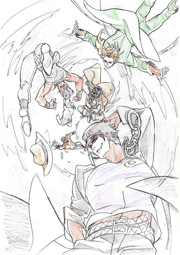5boys, color_trace, colored_pencil_(medium), dog, floating, ichihara2929, iggy_(jojo), jean_pierre_polnareff