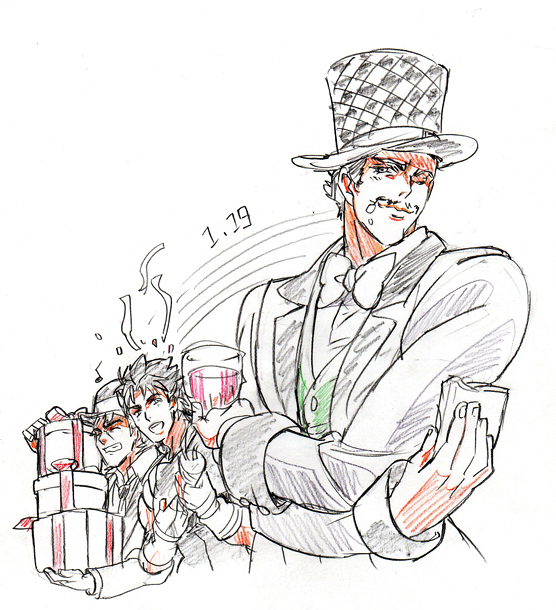 3boys, color_trace, colored_pencil_(medium), confetti, cup, dated, food, food_on_face