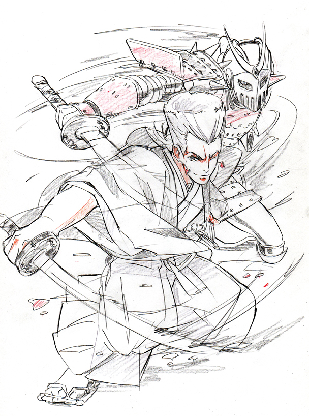 2boys, armor, color_trace, colored_pencil_(medium), ichihara2929, japanese_clothes, jean_pierre_polnareff, jojo_no_kimyou_na_bouken