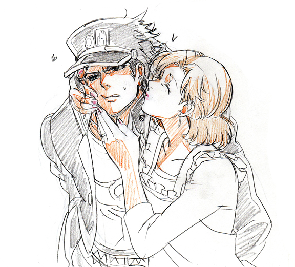 1boy, 1girl, apron, brown_hair, color_trace, colored_pencil_(medium), hat, ichihara2929