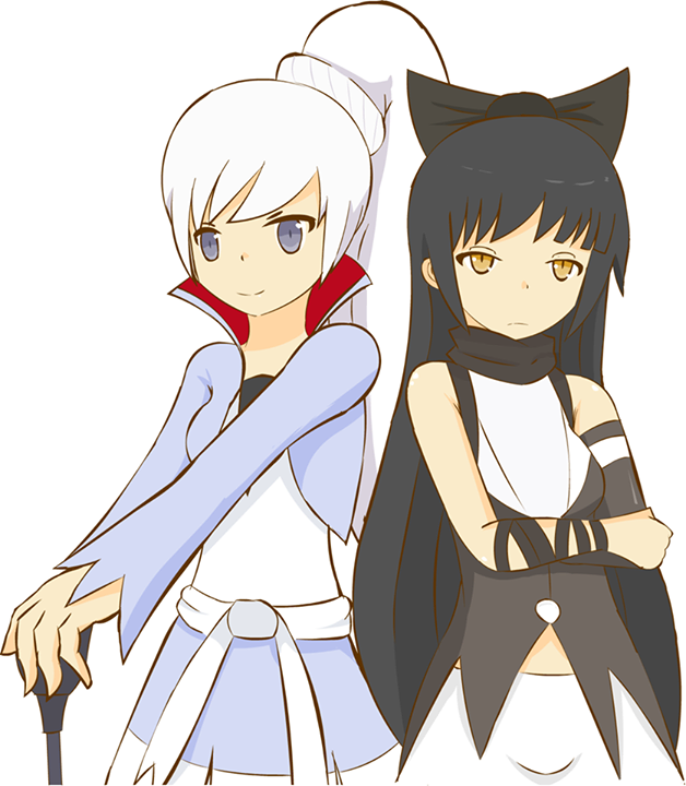 2girls, black_hair, blake_belladonna, blue_eyes, bow, crossed_arms, dress, hair_bow, multiple_girls, ponytail, ribbon, rong_rong, rwby, simple_background, smile, tagme, weiss_schnee, white_background, white_hair, yellow_eyes