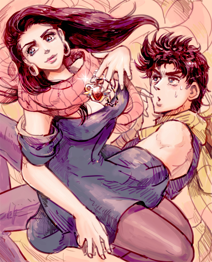 1boy, 1girl, black_hair, blue_eyes, breasts, chocoblood, cleavage, jojo_no_kimyou_na_bouken