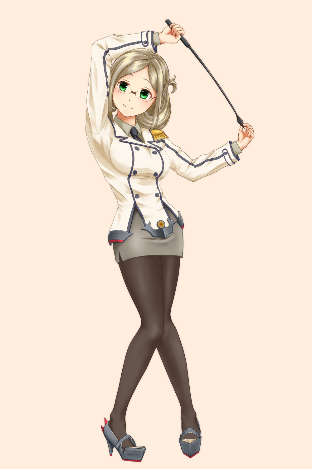 1girl, bangs, black_legwear, blue_eyes, breasts, brown_hair, collared_shirt, epaulettes, female, folded_ponytail, glasses, gloves, green_eyes, high_heels, highres, jacket, kantai_collection, katori_(kantai_collection), military, military_uniform, necktie, nori_senbei_(norisenbei_1), pantyhose, parted_bangs, pointer, silver_hair, skirt, solo, uniform, white_gloves