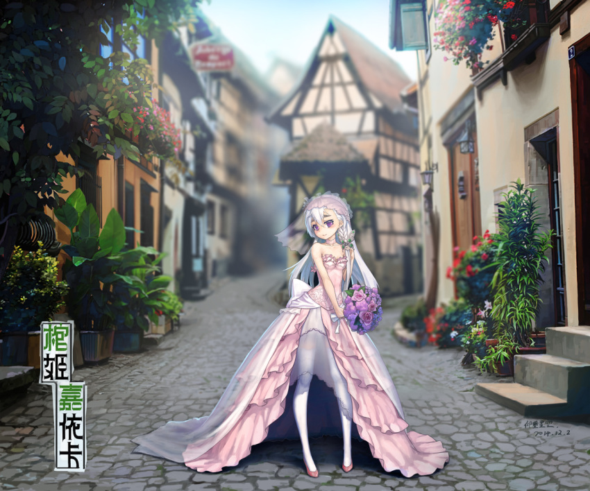 1girl, blurry, blush, bouquet, bridal_veil, chaika_trabant, dated, depth_of_field