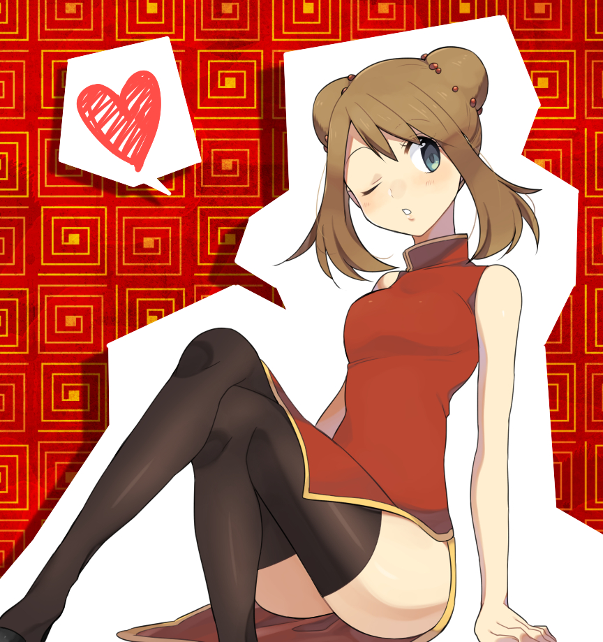 1girl, bare_shoulders, blue_eyes, brown_hair, china_dress, chinese_clothes, double_bun, haruka_(pokemon), haruka_(pokemon)_(remake), petagon, pokemon, pokemon_(game), pokemon_oras, thigh-highs