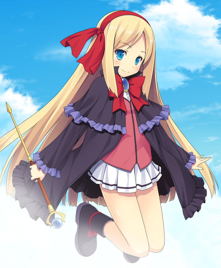 1girl, blonde_hair, blue_eyes, blue_sky, clouds, cloudy_sky, coat, hairband