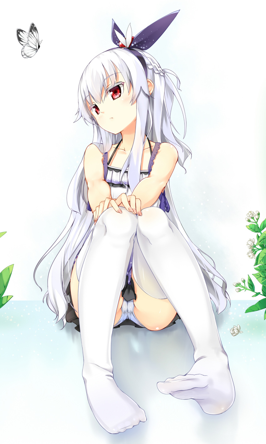 1girl, absurdres, butterfly, camisole, dress, hairband, head_tilt, highres