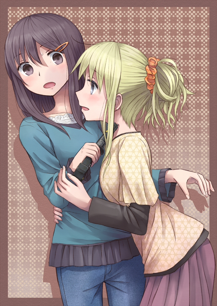 2girls, blush, multiple_girls, original, stun_baton, yuri, yuyuzuki_(yume_usagi)