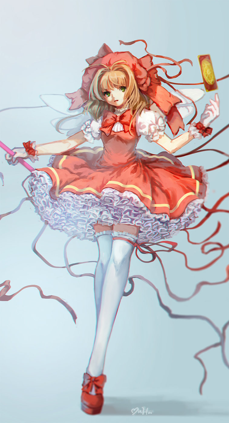 1girl, artist_name, blurry, bowtie, brown_hair, card, cardcaptor_sakura, clow_card