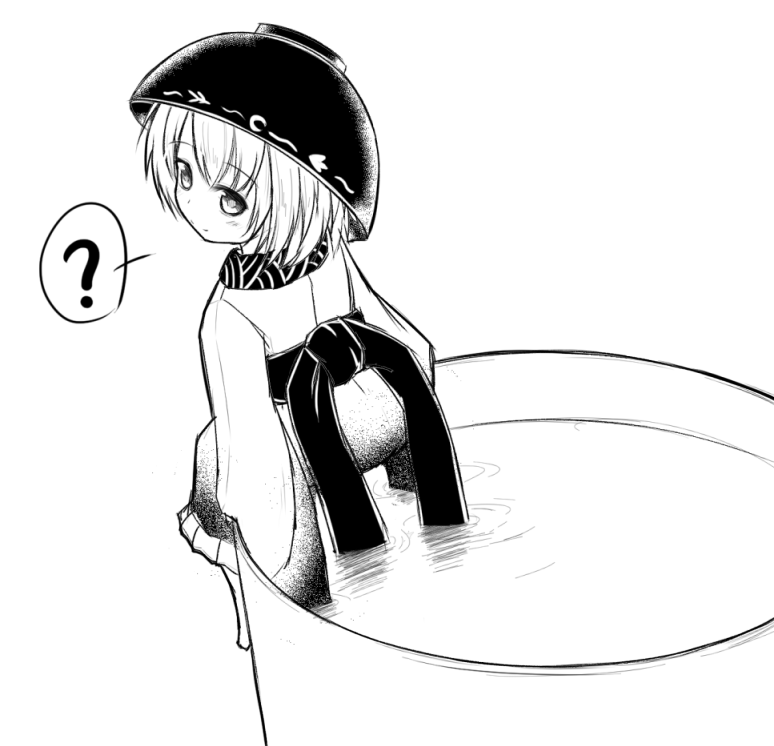 1girl, ?, bowl_hat, cup, from_behind, ganmaganmo, japanese_clothes, kimono