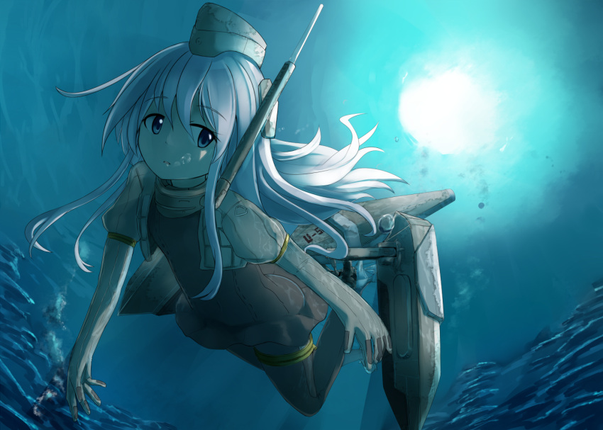 1girl, black_dress, black_legwear, blue_eyes, bobu_(bovyo222), bubble, covered_navel, cropped_jacket, dress, garrison_cap, hat, kantai_collection, long_hair, long_sleeves, machinery, military, military_uniform, open_mouth, puffy_long_sleeves, puffy_sleeves, silver_hair, solo, sun, thigh_strap, u-511_(kantai_collection), underwater, uniform, water