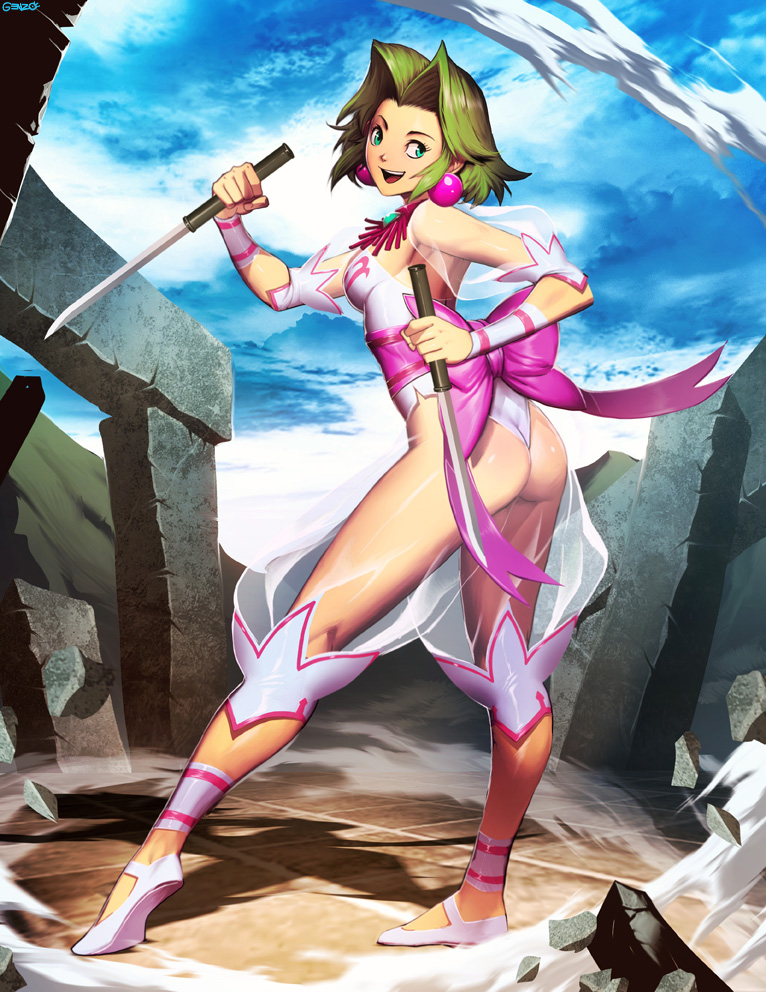 1girl, ankle_cuffs, ass, bloomers, bow, dagger, dual_wielding, earrings, ellis_(toushinden), genzoman, green_eyes, green_hair, jewelry, leotard, looking_back, necklace, reverse_grip, ribbon, ruins, see-through, shoes, short_hair, smile, solo, toushinden, underwear, weapon, wrist_cuffs