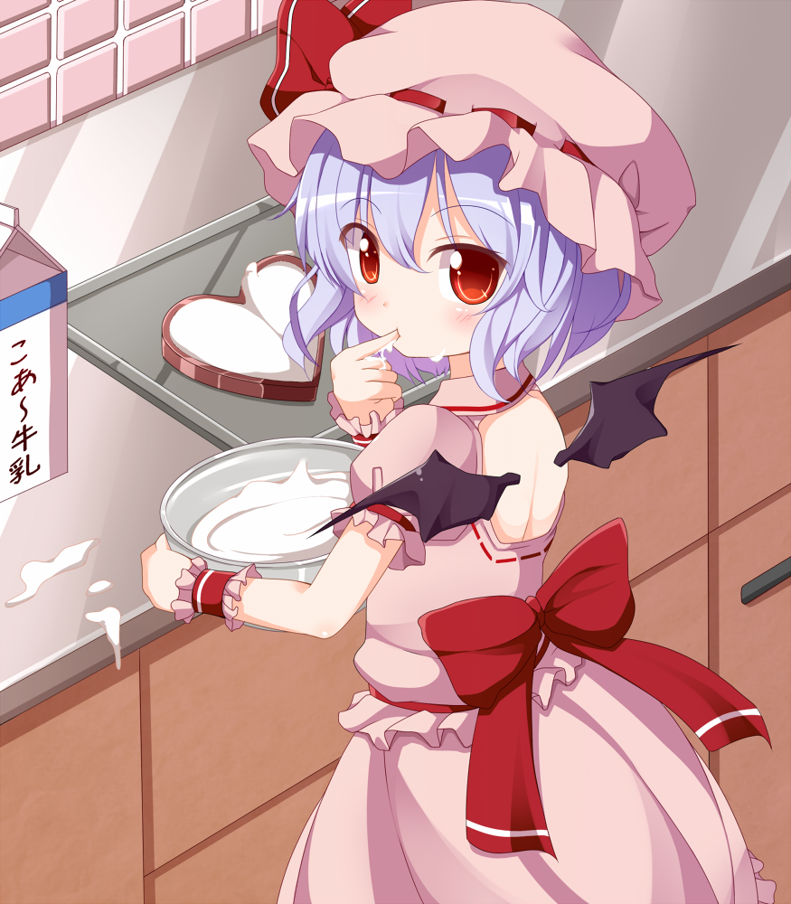 1girl, bat_wings, blue_hair, bowl, chocolate, chocolate_heart, chocolate_making, dress