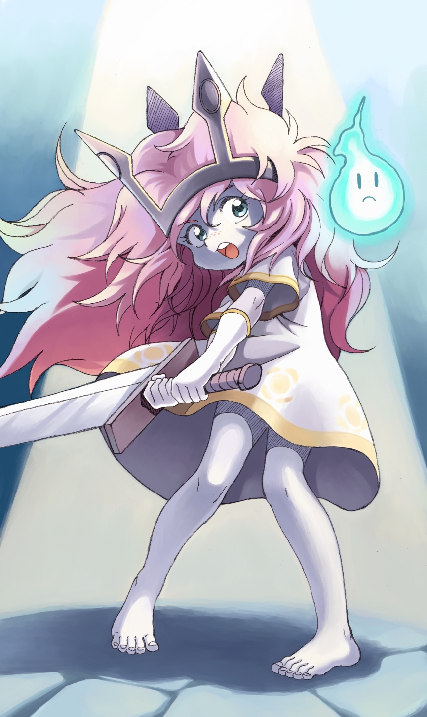 1girl, barefoot, child_of_light_(game), crown, dress, feet, gloves, green_eyes