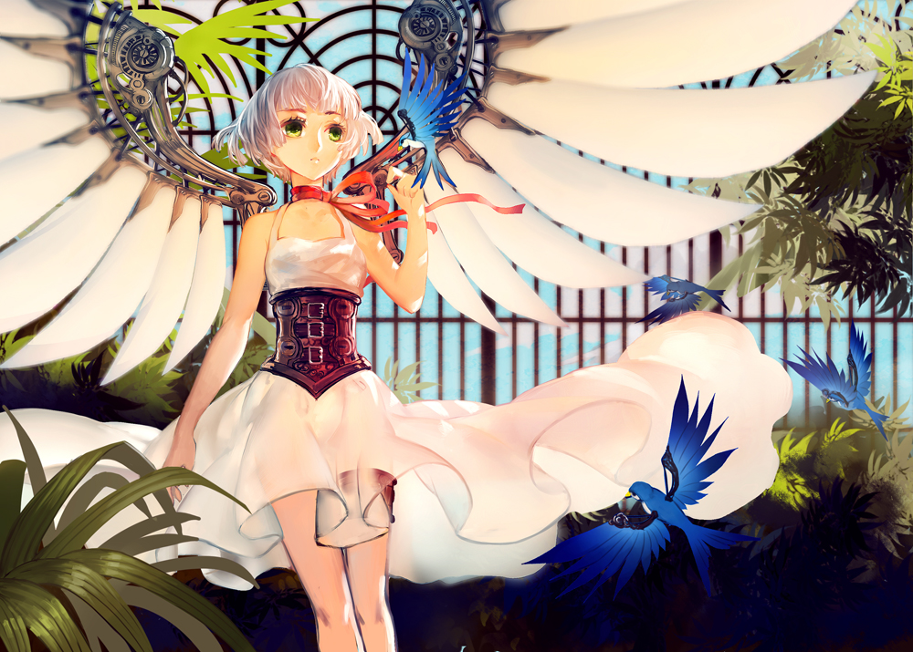 1girl, bird, bob_cut, clover_(manga), dress, green_eyes, linghetuen, mechanical_wings